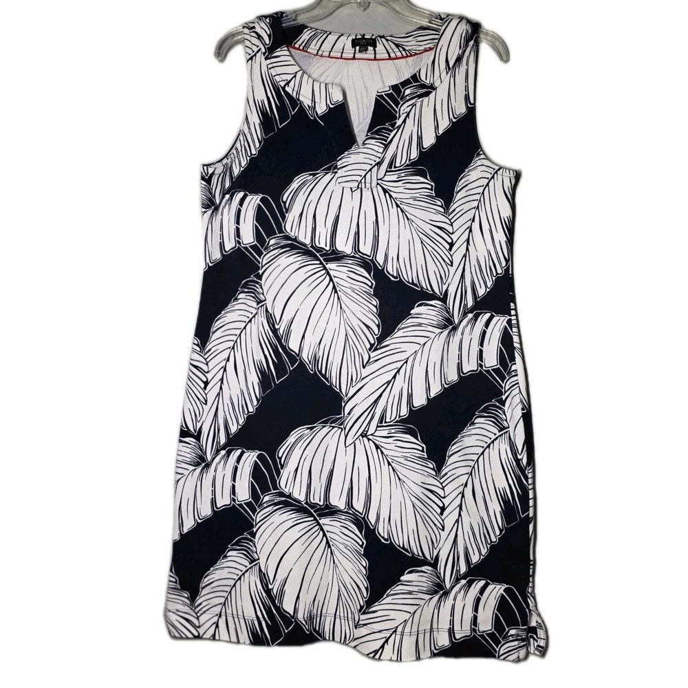 Talbots‎ Womens Lg P Navy White Tropical Palm Leaf Cotton Sleeveless Shift Dress